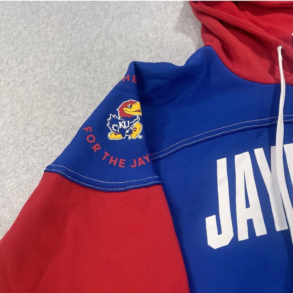 Adidas Kansas Jayhawks Sweater Hoodie Mens 2XL Blue Red Colorblock Pullover - Picture 3 of 8